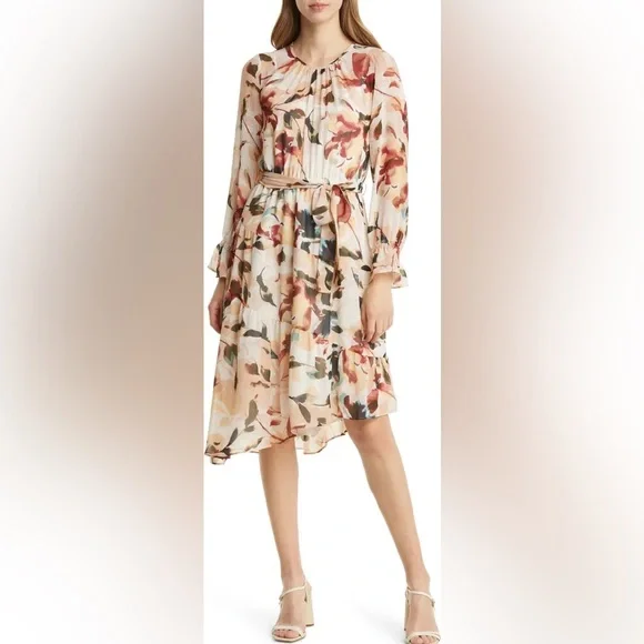 Maggy London | Dresses | Maggy London Floral Print Asymmetric Hem Long  Sleeve Midi Dress | Poshmark